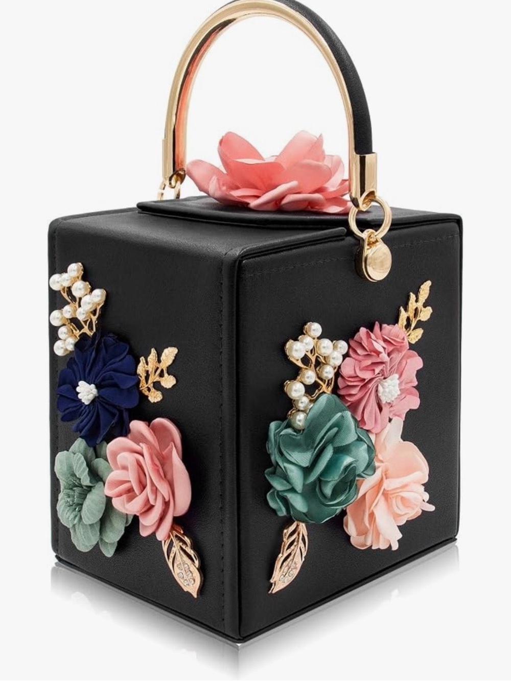 Black Mini Box Bag with Multicolor Floral Appliqués